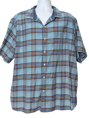 Tommy Bahama Men XXL Button Up Shirt Plaid Blue Orange Short Sleeves Summer